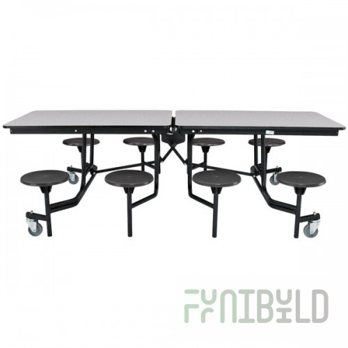 National Public Seating MTS8-PWTMPC 8' Rectangular Mobile Plywood Cafeteria Table with Powder Coated Frame, T-Molding Edge, and 8 Stools