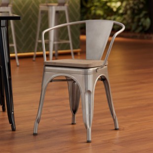 Lancaster Table & Seating Alloy Silver Indoor Arm Chair with Gray Wood Seat