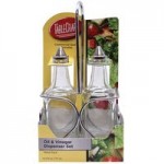 TableCraft European Collection 6 oz. 3-Piece Clear Glass Oil and Vinegar Cruet Set with Chrome Rack - 6/Case TableCraft European Collection 6 oz. 3-Piece Clear Glass Oil and Vinegar Cruet Set with Chrome Rack - 6/Case