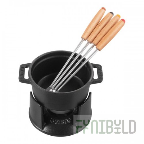 Staub 8 oz. Black Enameled Cast Iron Fondue Pot with 4 Forks, 1 Stand, and 1 Burner 1004139