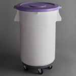 Baker's Mark Allergen-Free 44 Gallon / 700 Cup White Round Mobile Ingredient Storage Bin with Purple Snap-On Lid and Gray Dolly Baker's Mark Allergen-Free 44 Gallon / 700 Cup White Round Mobile Ingredient Storage Bin with Purple Snap-On Lid and Gray Dolly