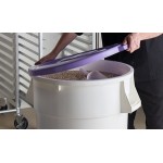 Baker's Mark Allergen-Free 44 Gallon / 700 Cup White Round Mobile Ingredient Storage Bin with Purple Snap-On Lid and Gray Dolly Baker's Mark Allergen-Free 44 Gallon / 700 Cup White Round Mobile Ingredient Storage Bin with Purple Snap-On Lid and Gray Dolly