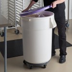 Baker's Mark Allergen-Free 44 Gallon / 700 Cup White Round Mobile Ingredient Storage Bin with Purple Snap-On Lid and Gray Dolly Baker's Mark Allergen-Free 44 Gallon / 700 Cup White Round Mobile Ingredient Storage Bin with Purple Snap-On Lid and Gray Dolly