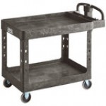 Lavex Large Black 2-Shelf Utility Cart with Ergonomic Handle and Built-In Tool Compartments - 43 1/8