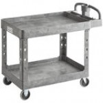 Lavex Large Black 2-Shelf Utility Cart with Ergonomic Handle and Built-In Tool Compartments - 43 1/8