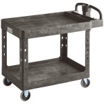 Lavex Large Black 2-Shelf Utility Cart with Ergonomic Handle and Built-In Tool Compartments - 43 1/8