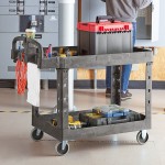 Lavex Large Black 2-Shelf Utility Cart with Ergonomic Handle and Built-In Tool Compartments - 43 1/8