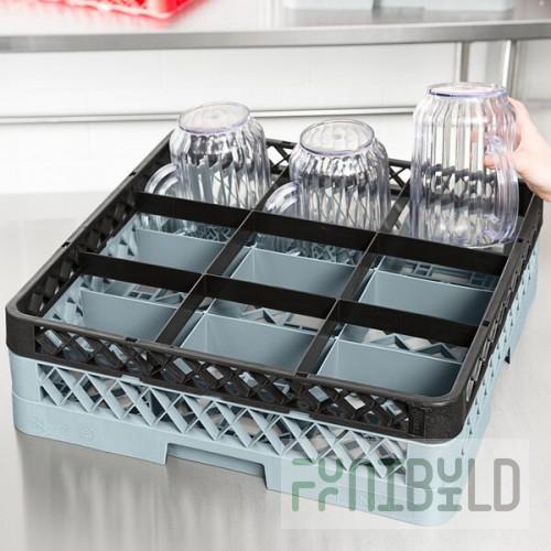 Noble Warewashing 9-Compartment Gray Full-Size Glass Rack with 1 Black Extender