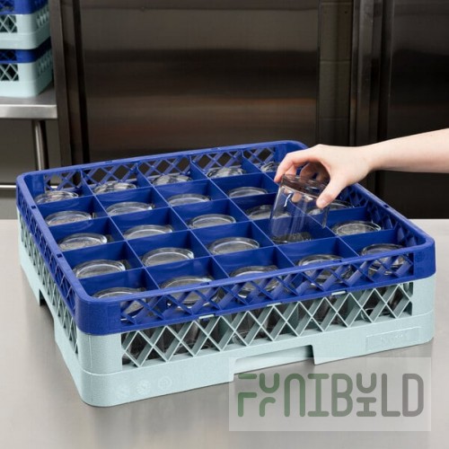Noble Warewashing 25-Compartment Gray Full-Size Glass Rack with 1 Blue Extender