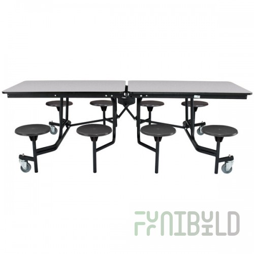 National Public Seating MTS8-PWTMCR 8' Rectangular Mobile Plywood Cafeteria Table with Chrome Frame, T-Molding Edge, and 8 Stools
