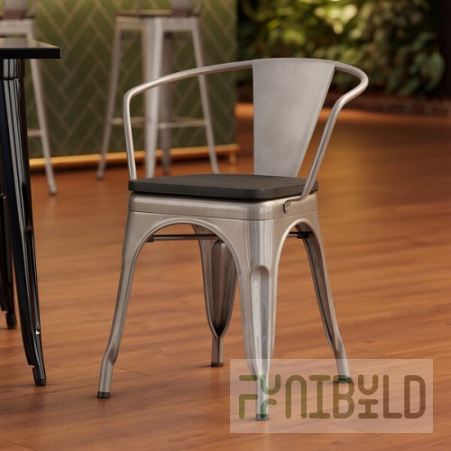 Lancaster Table & Seating Alloy Silver Indoor Arm Chair with Black Wood Seat