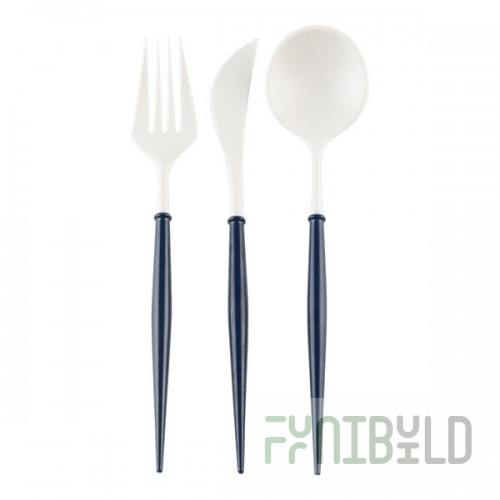 Sophistiplate Bella White / Navy Extra Heavy Weight Plastic Cutlery - 288/Case