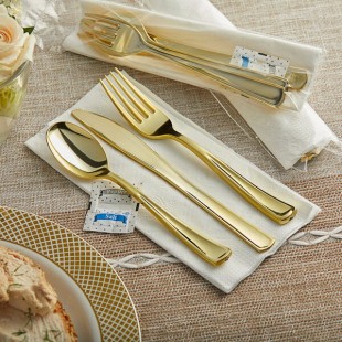Visions Classic Individually Wrapped Extra Heavy Weight Gold Polystyrene Plastic Cutlery Set with Napkin and Salt and Pepper Packets - 100/Case Visions Classic Individually Wrapped Extra Heavy Weight Gold Polystyrene Plastic Cutlery Set with Napkin and Salt and Pepper Packets - 100/Case