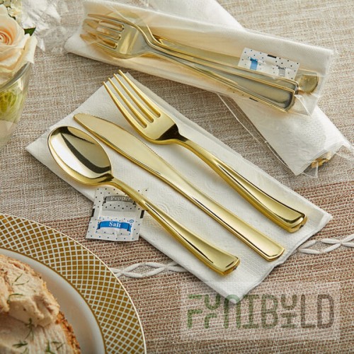 Visions Classic Individually Wrapped Extra Heavy Weight Gold Polystyrene Plastic Cutlery Set with Napkin and Salt and Pepper Packets - 100/Case