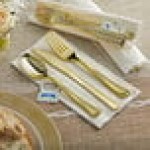 Visions Classic Individually Wrapped Extra Heavy Weight Gold Polystyrene Plastic Cutlery Set with Napkin and Salt and Pepper Packets - 100/Case