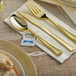 Visions Classic Individually Wrapped Extra Heavy Weight Gold Polystyrene Plastic Cutlery Set with Napkin and Salt and Pepper Packets - 100/Case