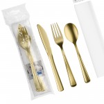 Visions Classic Individually Wrapped Extra Heavy Weight Gold Polystyrene Plastic Cutlery Set with Napkin and Salt and Pepper Packets - 100/Case