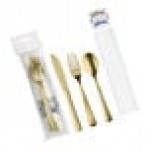 Visions Classic Individually Wrapped Extra Heavy Weight Gold Polystyrene Plastic Cutlery Set with Napkin and Salt and Pepper Packets - 100/Case