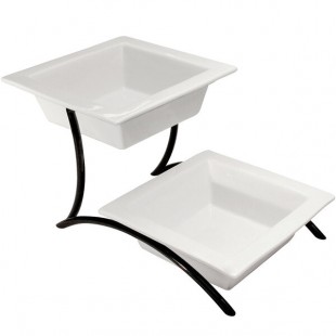 Cal-Mil PP302-13 Prestige Black Two Tier Curved Metal Display with Porcelain Bowls - 10 Cal-Mil PP302-13 Prestige Black Two Tier Curved Metal Display with Porcelain Bowls - 10