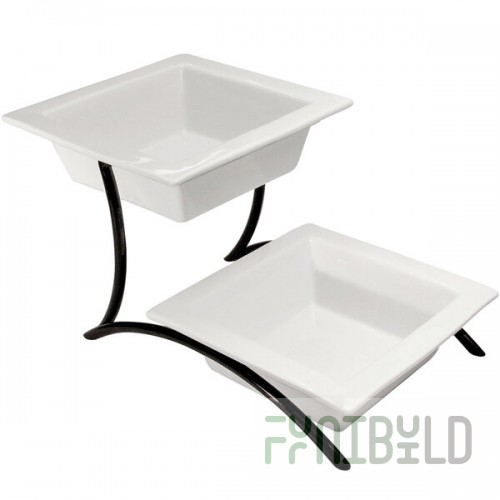 Cal-Mil PP302-13 Prestige Black Two Tier Curved Metal Display with Porcelain Bowls - 10