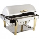Bon Chef 10001 Manhattan 8 Qt. Round Stainless Steel with Brass Accents Roll Top Chafer with Vented Lid
