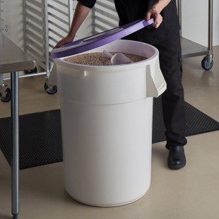 Baker's Mark Allergen-Free 44 Gallon / 700 Cup White Round Ingredient Storage Bin with Purple Snap-On Lid