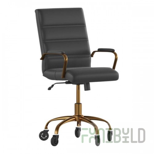 Flash Furniture Camilia Black LeatherSoft Mid-Back Swivel Office Chair with Gold Frame, Arms, and Roller Wheels