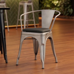 Lancaster Table & Seating Alloy Silver Indoor Arm Chair with Black Vinyl Cushion