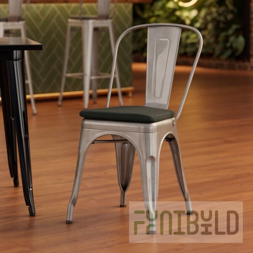 Lancaster Table & Seating Alloy Silver Indoor Cafe Chair with Black Fabric Magnetic Cushion