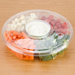 Polar Pak 5H138-4+1P-C 138 oz. Clear PET 5-Compartment Round Platter with Lid - 50/Case Polar Pak 5H138-4+1P-C 138 oz. Clear PET 5-Compartment Round Platter with Lid - 50/Case