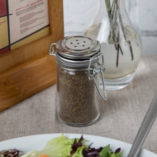 TableCraft 2 oz. Resealable Salt and Pepper Shaker Glass Jar with Stainless Steel Clip-Top Lid - 6/Case