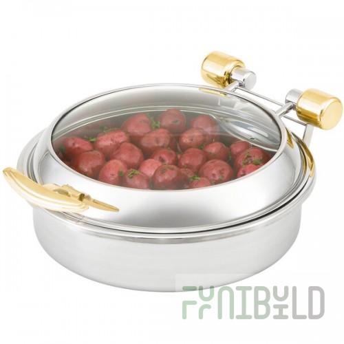 Vollrath 46124 6 Qt. Intrigue Glass Top Round Induction Chafer with Brass Trim and Stainless Steel Food Pan