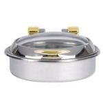 Vollrath 46124 6 Qt. Intrigue Glass Top Round Induction Chafer with Brass Trim and Stainless Steel Food Pan
