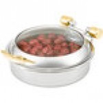 Vollrath 46124 6 Qt. Intrigue Glass Top Round Induction Chafer with Brass Trim and Stainless Steel Food Pan