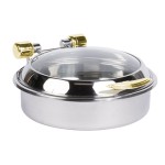 Vollrath 46124 6 Qt. Intrigue Glass Top Round Induction Chafer with Brass Trim and Stainless Steel Food Pan