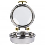 Vollrath 46124 6 Qt. Intrigue Glass Top Round Induction Chafer with Brass Trim and Stainless Steel Food Pan
