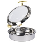 Vollrath 46124 6 Qt. Intrigue Glass Top Round Induction Chafer with Brass Trim and Stainless Steel Food Pan