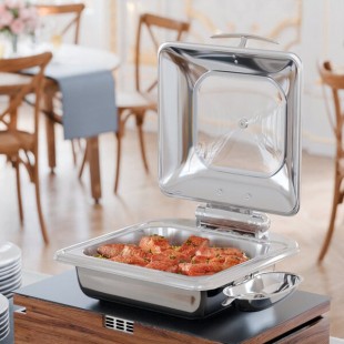 Acopa Voyage 5 Qt. 2/3 Size Stainless Steel Induction Chafer with Glass Top and Soft-Close Lid Acopa Voyage 5 Qt. 2/3 Size Stainless Steel Induction Chafer with Glass Top and Soft-Close Lid
