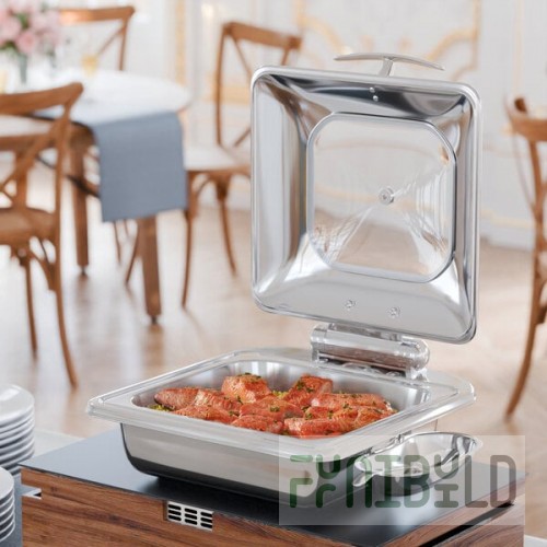 Acopa Voyage 5 Qt. 2/3 Size Stainless Steel Induction Chafer with Glass Top and Soft-Close Lid