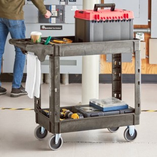 Lavex Medium Black 2-Shelf Utility Cart with Premium Handle and Built-In Tool Compartments - 40 11/16 Lavex Medium Black 2-Shelf Utility Cart with Premium Handle and Built-In Tool Compartments - 40 11/16