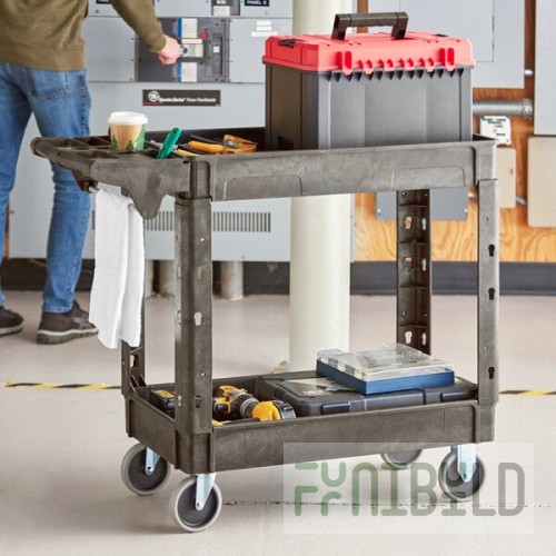 Lavex Medium Black 2-Shelf Utility Cart with Premium Handle and Built-In Tool Compartments - 40 11/16