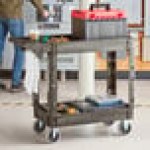 Lavex Medium Black 2-Shelf Utility Cart with Premium Handle and Built-In Tool Compartments - 40 11/16