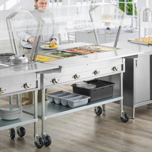 ServIt Four Pan Open Well Electric Steam Table with 2-Sided Sneeze Guard, (2) Drop Down Tray Slides, and Casters - 120V, 2000W
