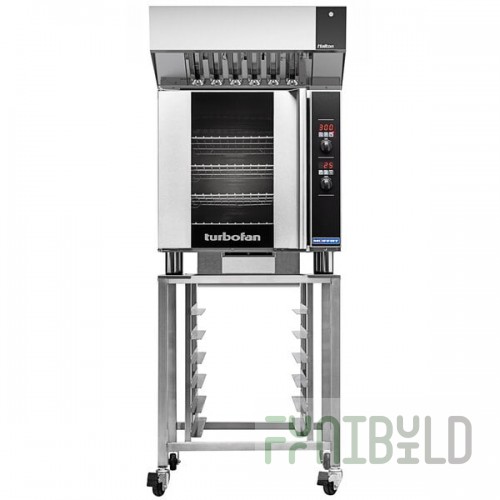 Moffat E32T5-P Turbofan Single Deck Full Size Electric Touch Screen Convection Oven with Steam Injection, Ventless Hood, and Stainless Steel Stand - 208V, 1 Phase, 5.8 kW
