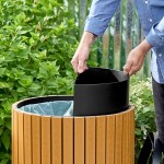 Lancaster Table & Seating 22 Gallon Stainless Steel / Wood Round Outdoor Two-Stream Trash Can / Recycling Bin