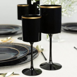 Posh Setting 9 oz. Black Plastic Wine Goblet with Gold Rim - 60/Case