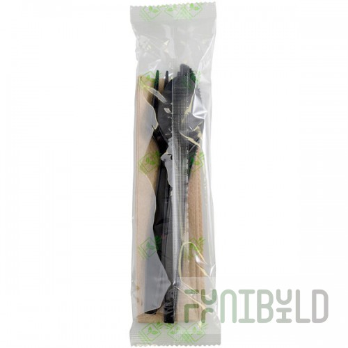 Fineline 42CKFSK.BK Conserveware Individually Wrapped Black CPLA Flatware and Utensils Kit with Napkin - 250/Case