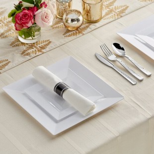 Visions 120 Settings of White Plastic Dinnerware and Classic Hammered Flatware - 120/Case