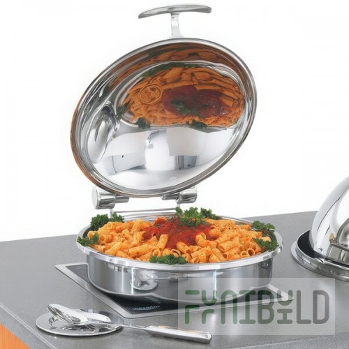 Vollrath 46121 6 Qt. Intrigue Solid Top Round Induction Chafer with Brass Trim and Stainless Steel Food Pan