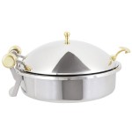 Vollrath 46121 6 Qt. Intrigue Solid Top Round Induction Chafer with Brass Trim and Stainless Steel Food Pan Vollrath 46121 6 Qt. Intrigue Solid Top Round Induction Chafer with Brass Trim and Stainless Steel Food Pan
